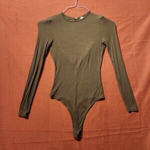 American Apparel Sz S Sage Green Ribbed Knit Long Sleeve Bodysuit Top W Cutout